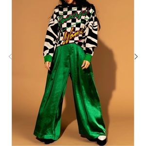 Dressed in LaLa Luxe Satin Trousers in Emerald